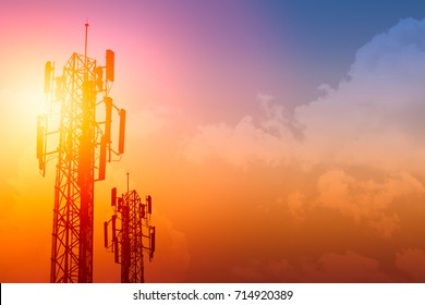 communication tower or 3G 4G network telephone cellsite with dusk sky with space for text