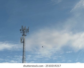 Communication tower with a bird flying nearby against a clear blue sky. Suitable for themes related to technology, nature, and freedom. - Powered by Shutterstock