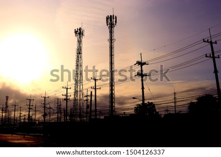 Communication tower, Electric tower, silhouette at sunset