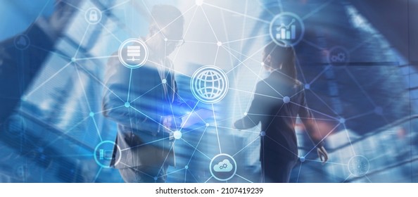 Communications project. Graphics on the background of office workers - Shutterstock ID 2107419239