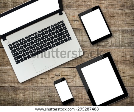 communicator modern electronic device white screen display on wood background