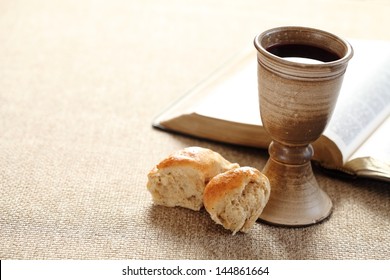 Communion Still Life - Wine, Bread And Bible