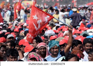 Communist Party Of India (Marxist) Or CPI (M) Activist Holds Their Party Red Flag During A Mega Rally At Brigade Ground On February 03, 2019 In Calcutta, India.