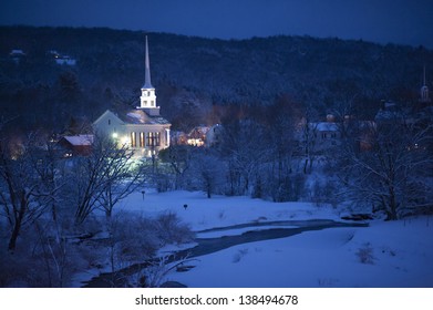 Community Church At Dusk During The Winter, Stowe, Vermont, USA