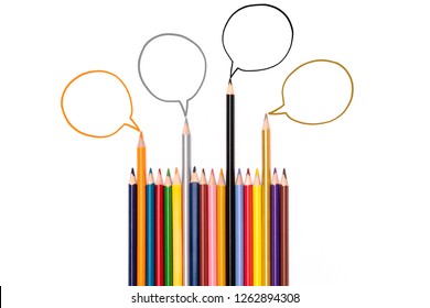 Community communication, represents people conference, social media interaction & engagement. group of pencils sharing idea on the white background with copy space