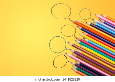 Community communication, represents people conference, social media interaction & engagement. group of pencils sharing idea on the yellow background with copy space