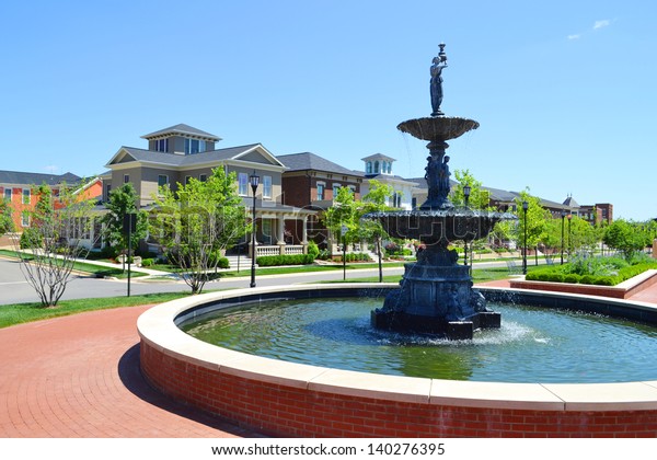 Community Fountain Brand New Suburban American Stock Photo ...