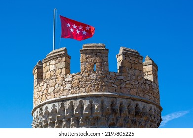 Community Of Madrid Flag In A Tower Of The Castle Manzanares El Real In Madrid,Spain