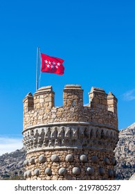 Community Of Madrid Flag In A Tower Of The Castle Manzanares El Real In Madrid,Spain