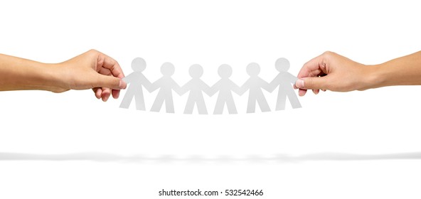 Community, Unity And Teamwork Concept - Hands Holding Paper Chain People Over White Background