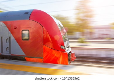 Commuter Train Travels At High Speed Through The Passenger City Station, Head Carriage, Driver's Cab Side View