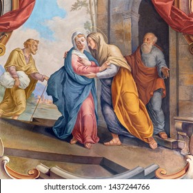 COMO, ITALY - MAY 8, 2015: The fresco of Visitation fresco in church Santuario del Santissimo Crocifisso by Gersam Turri (1927-1929). 