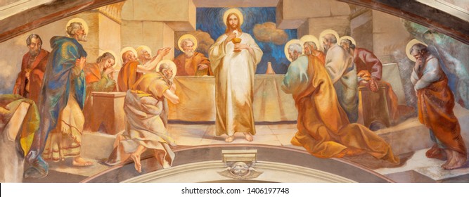 COMO, ITALY - MAY 9, 2015: The fresco of Last Supper in church Chiesa di San Andrea Apostolo (Brunate) of by Mario Albertella (1934).
