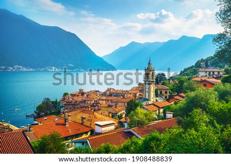 Como Lake, Sala Comacina bell tower from greenway trail. Italy, Europe.