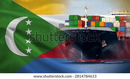 The Comorian flag, a large container ship, and market data illustrate Comoros's maritime trade, import and export industry, freight transportation, and economic growth indicators.