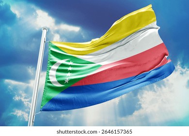 Comoros waving Flag with blue sky high resolution image 