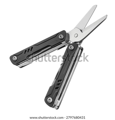 Compact black multi-tool isolated on white background. Features pliers, knife, file, and screwdrivers. Versatile portable gear for repair and hiking. EDC. Everyday Carry.	
