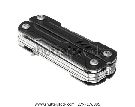 Compact black multi-tool isolated on white background. Features pliers, knife, file, and screwdrivers. Versatile portable gear for repair and hiking. EDC. Everyday Carry.	
