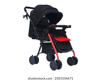 Compact Black and Red Baby Stroller features a lightweight, foldable stroller designed with a sunshade canopy, secure harness, and dual cup holders for convenience.