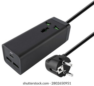 Compact black surge protector with Type-C and USB-A connectors.