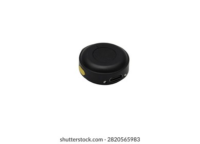 Compact black wireless microphone transmitter with a USB-C charging port and side control button, isolated on a white background.