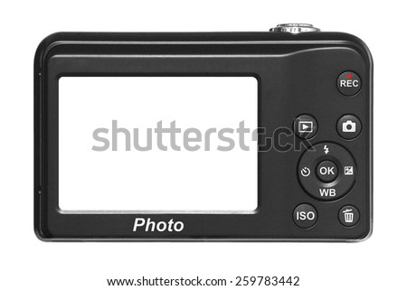 Compact digital camera with blank screen, isolated on white background