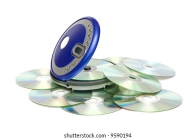 Compact discs and round  blue cd player