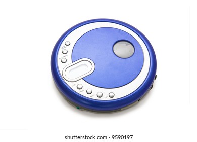 Compact discs and round  blue cd player