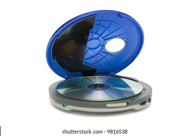 Compact discs and round  blue cd player