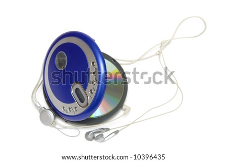 Compact discs and round  blue cd player