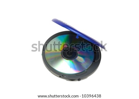 Compact discs and round  blue cd player