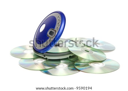Compact discs and round  blue cd player