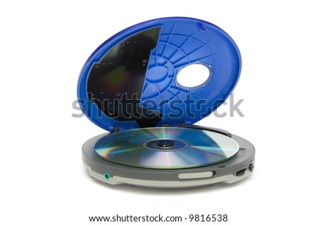 Compact discs and round  blue cd player