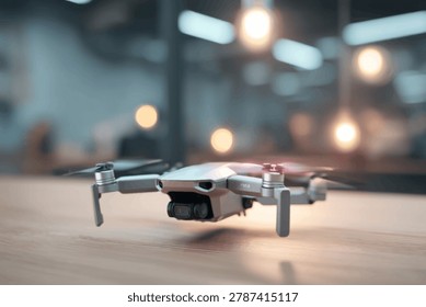 A compact drone with a camera is placed on a wooden table, with soft, blurred bokeh lights in the background, highlighting its advanced technology.