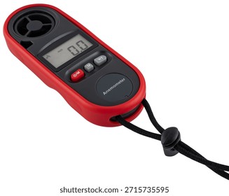 Compact handheld device for determining wind speed with a large display and control buttons. On a white background in isolation.