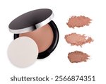 Compact make up foundation for face with foundation sample stroke, isolated on white                               