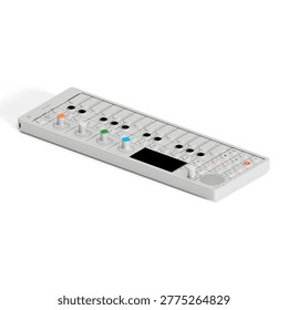 A compact music synthesizer with keys, knobs, and a display for creating and manipulating sounds.