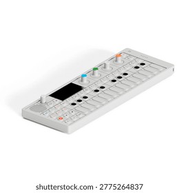 A compact music synthesizer with keys and knobs for sound creation and manipulation.