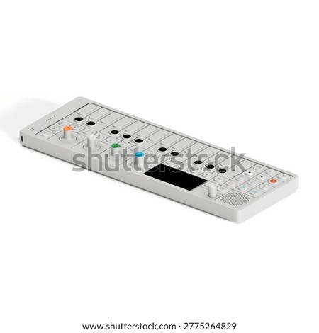 A compact music synthesizer with keys, knobs, and a display for creating and manipulating sounds.