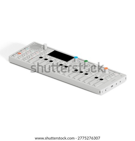 A compact synthesizer with various knobs and buttons for music production and sound design.