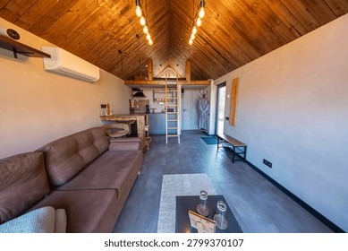 Compact tiny house interior with loft, ladder, and warm pendant lights. Vaulted plank ceiling, kitchenette, brown sectional, wall AC, and coffee table suggest a retreat.