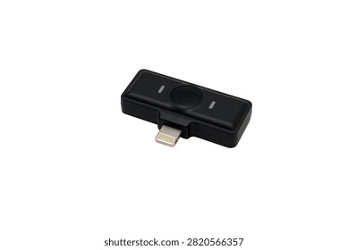 Compact wireless microphone receiver with a Lightning connector for smartphone audio and video recording, isolated on a white background.