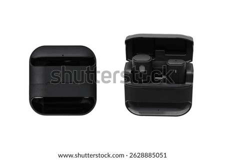 Compact wireless microphone system with charging case, closed and open views.