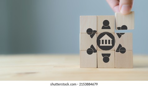 Company culture concept. Culture team corporate community business. Internal corporate ideology, professional business ethics. Placing the wooden cubes with company culture icons on smart background. - Shutterstock ID 2153884679