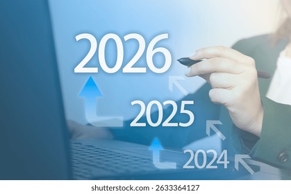 Company development visualized through progressive yearly growth with arrows and digital interface