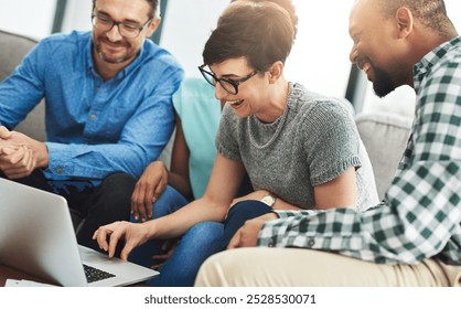 Company, discussion and people with laptop in office for project information, review and IT report. Team, diversity and developer with tech for software development, support and open source research
