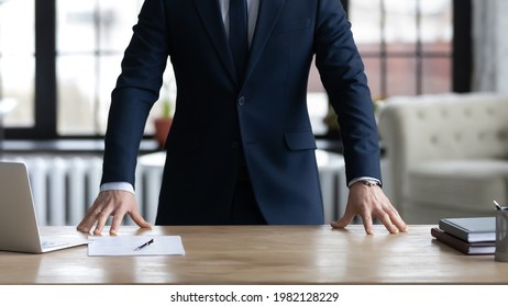 Company Executive, CEO, Owner In Formal Suit Standing At Work Desk, Ready To Start Meeting, Interview, Negotiation. Cropped Shot Of Confident Proactive Business Leader. Leadership Concept. Close Up