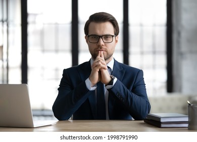 Company Executive, CEO, Owner In Formal Suit Standing At Work Desk, Ready To Start Meeting, Interview, Negotiation. Cropped Shot Of Confident Proactive Business Leader. Leadership Concept. Close Up