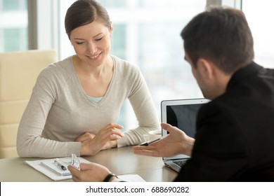 Company Executive Coaching Young Personal Secretary Assistant, Team Leader Or Senior Manager Explaining Work Duties To Junior, Businessman Telling Contractual Terms Or Deal Details To Female Partner