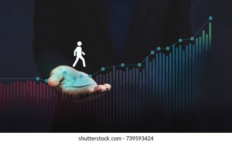 Company Helping and Supporting Customer to Success with Care Concept, Person Steps on Graph over a Careful Gesture Hand